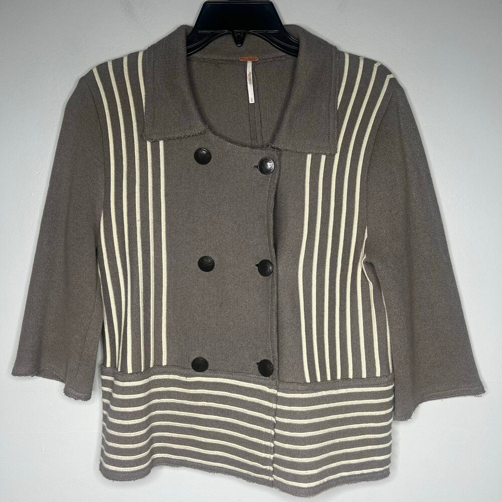 Free People Double Breasted Cardigan Sweater Sz L Gray Beige Boho Lagenlook Art